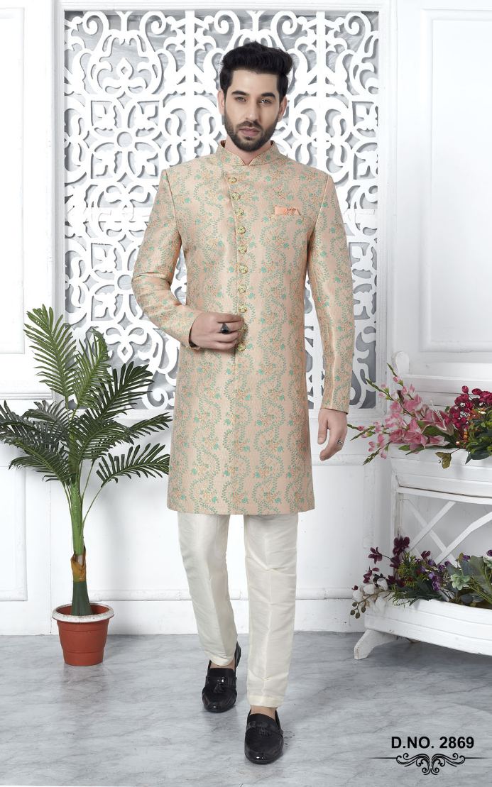 Peach Jacquard Silk Indo-Western For Men