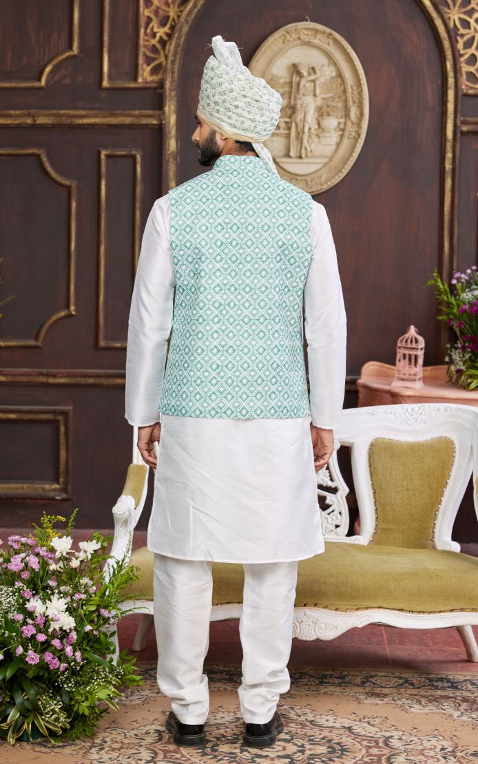 Green Kurta Pajama 3 Pcs Set - Back Photo Shoot of tradition outfit for Men