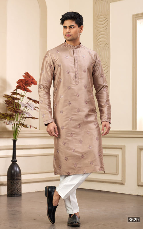 Brown Thread Work Art Silk Kurta