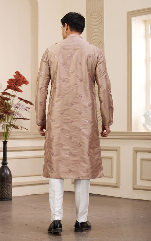 Brown Thread Work Art Silk Kurta