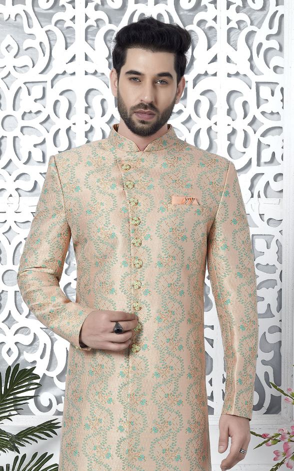 Peach Jacquard Silk Indo-Western For Men