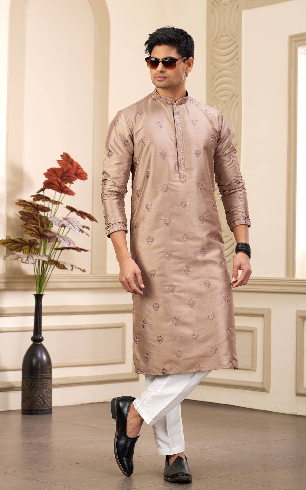Brown Thread Work Art Silk Kurta