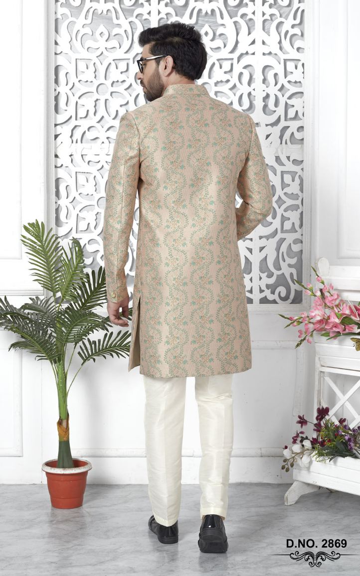 Peach Jacquard Silk Indo-Western For Men