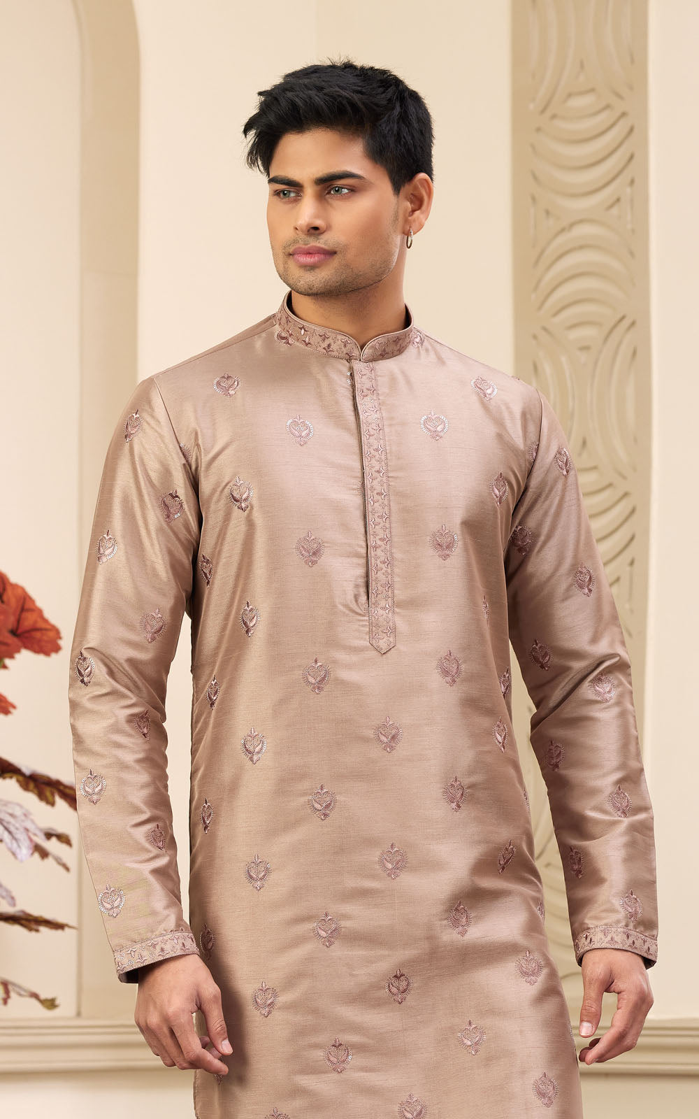 Brown Thread Work Art Silk Kurta
