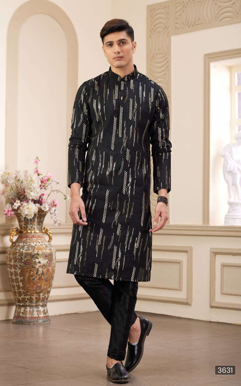 Black Thread Work Art Silk Kurta