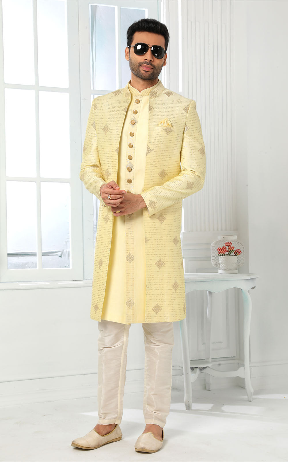 Light Yellow Indo-Western With Jacket 3 Pcs Set