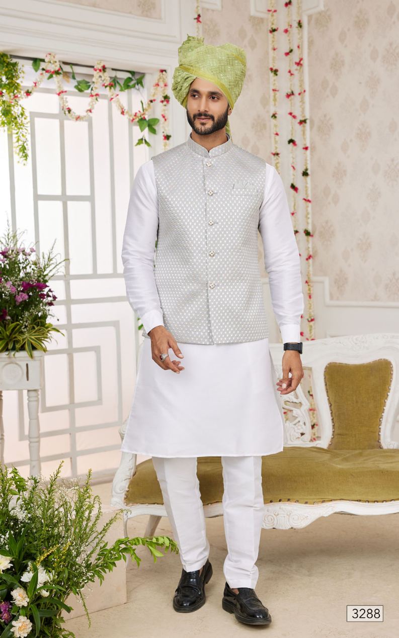 Grey Kurta Pajama With Jacket 3 Pcs Set