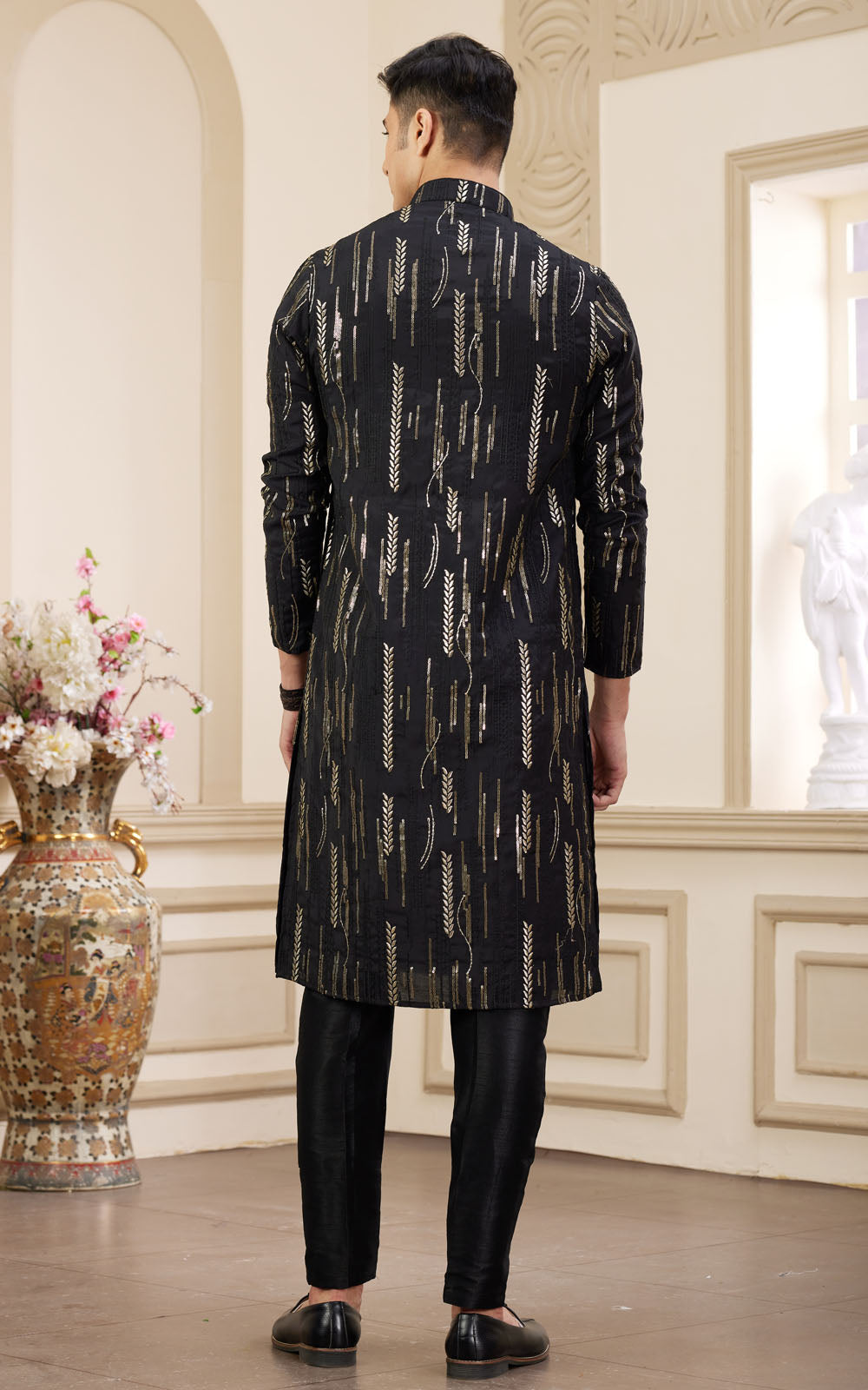 Black Thread Work Art Silk Kurta