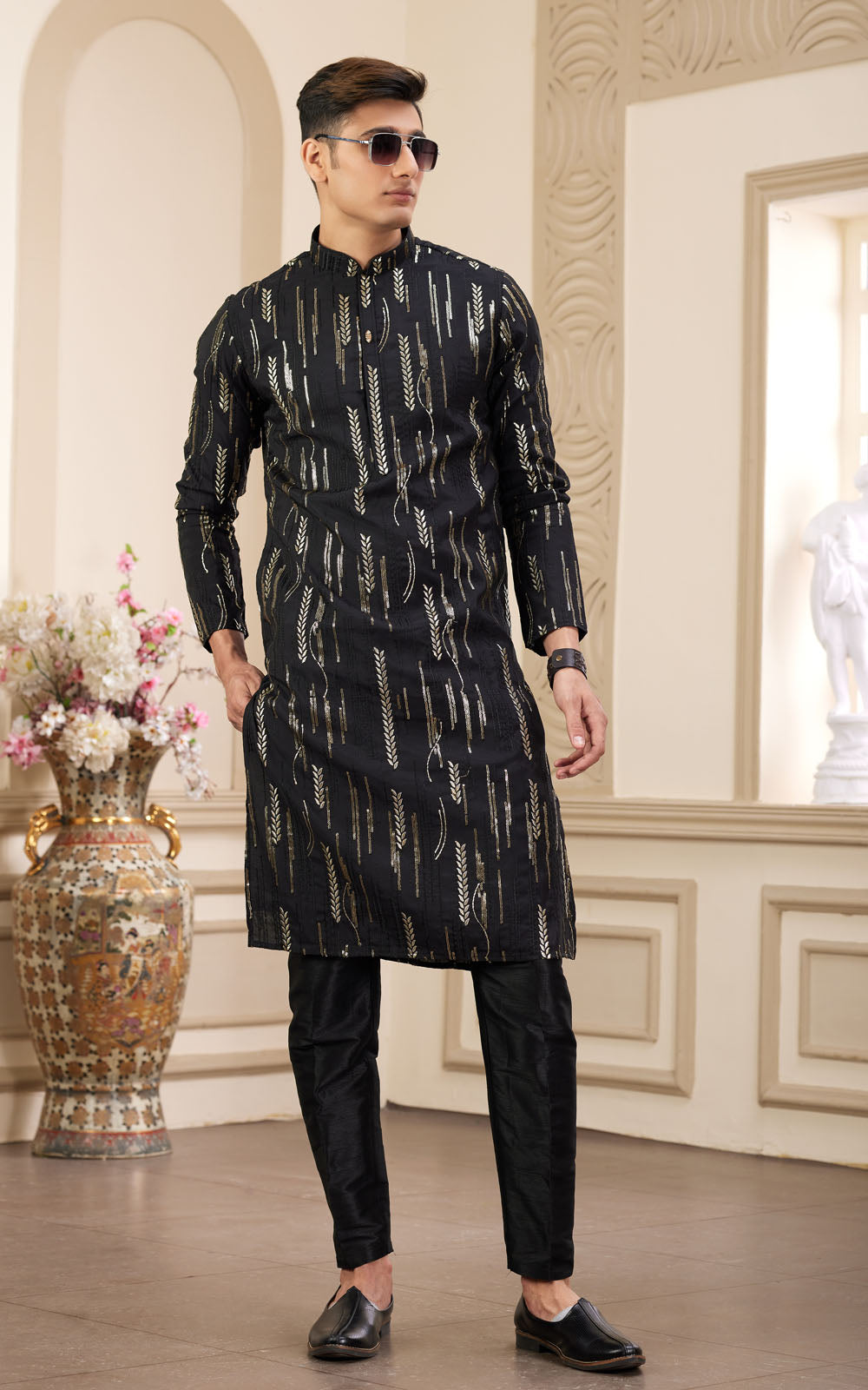 Black Thread Work Art Silk Kurta