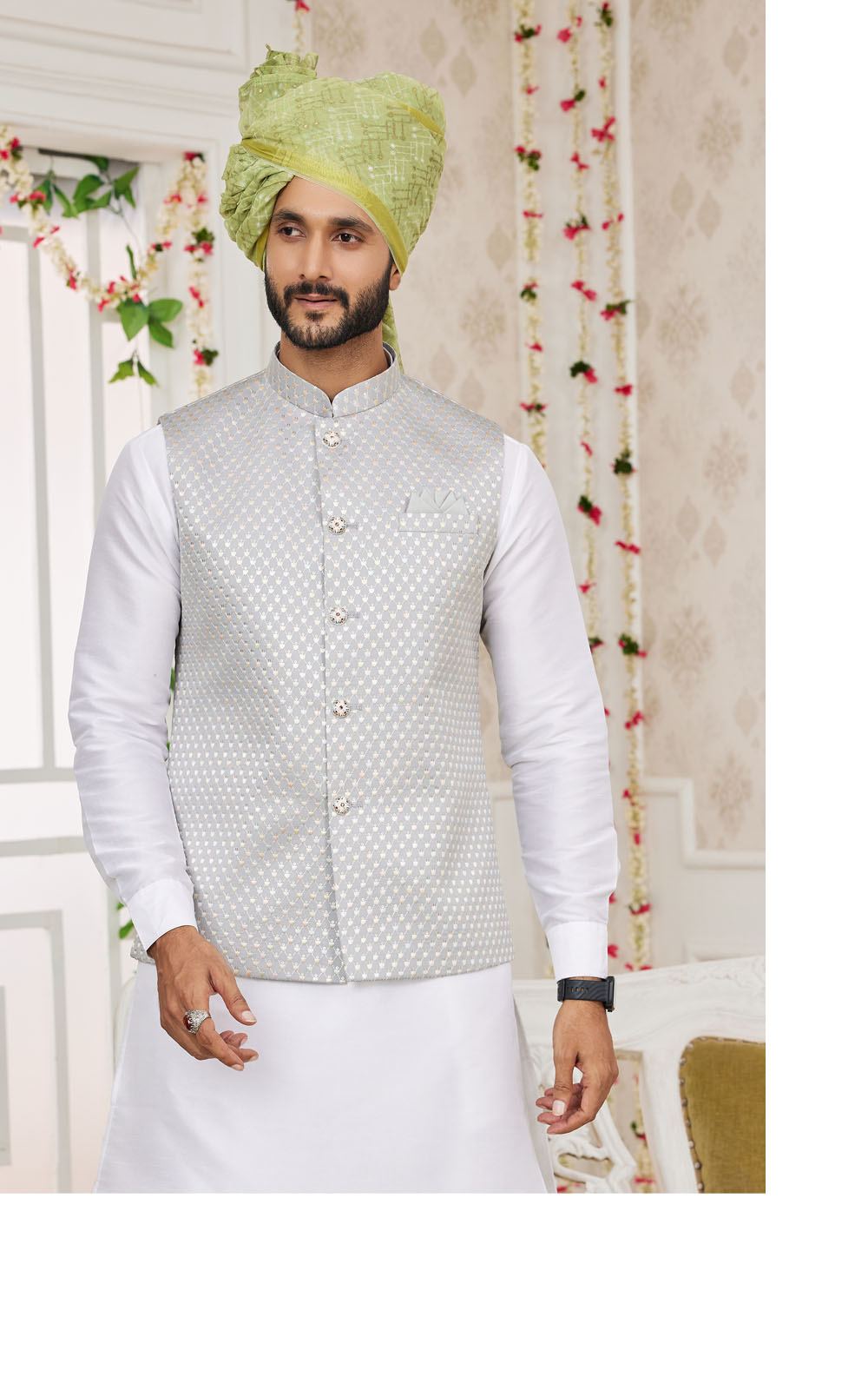 Grey Thread Embroidered Waistcoat