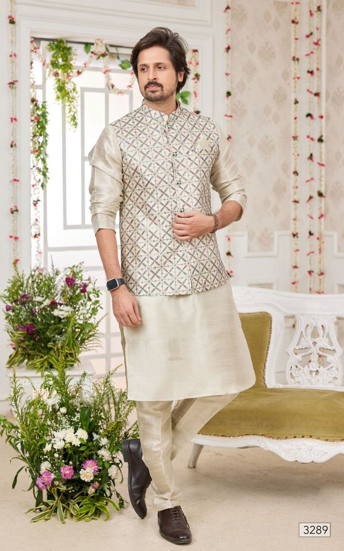 Pista Green Kurta Pajama With Jacket 3 Pcs Set