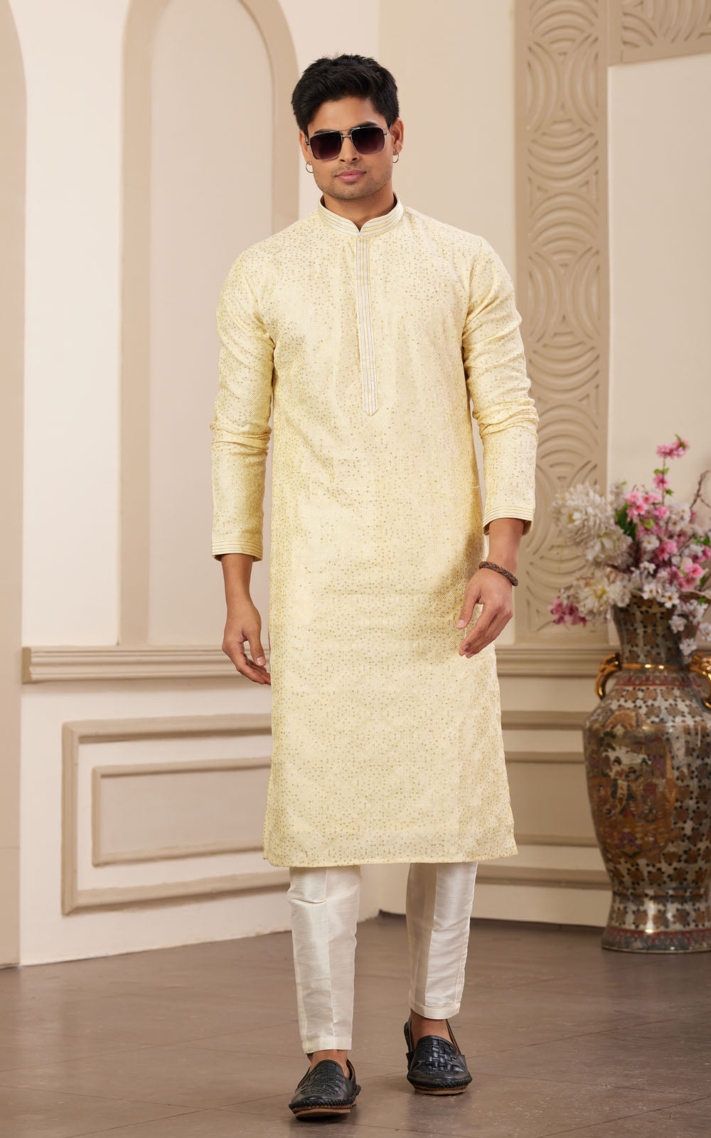 Yellow Thread Work Art Silk Kurta