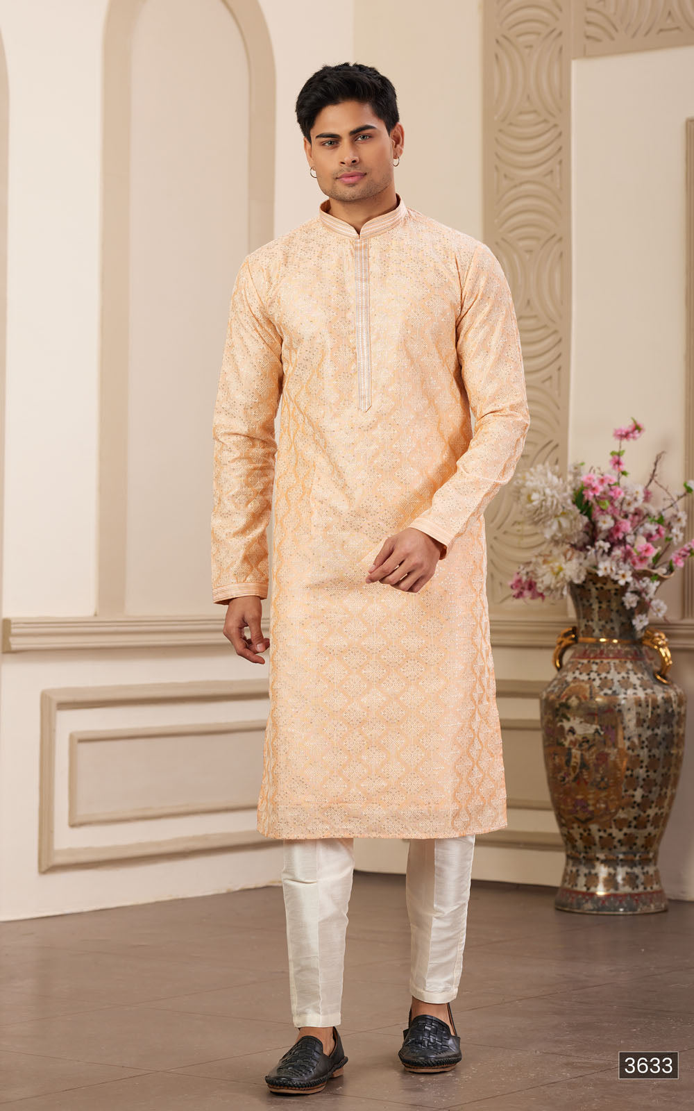 Peach Thread Work Art Silk Kurta