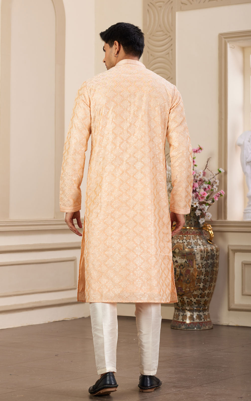 Peach Thread Work Art Silk Kurta - Back