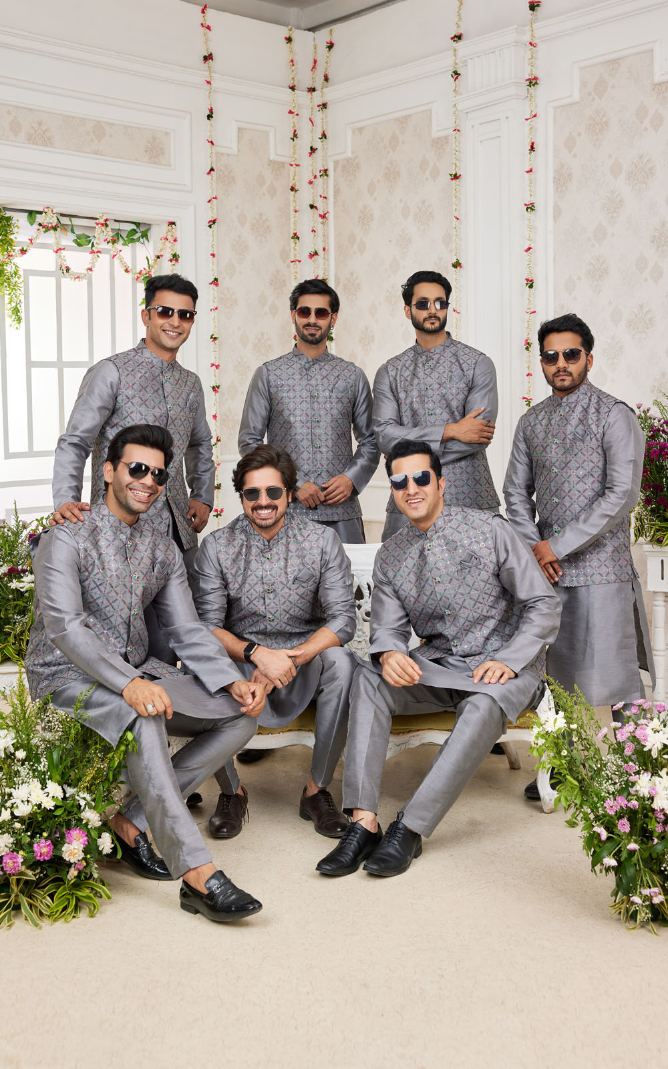 Dark Grey Kurta Pajama With Jacket 3 Pcs Set