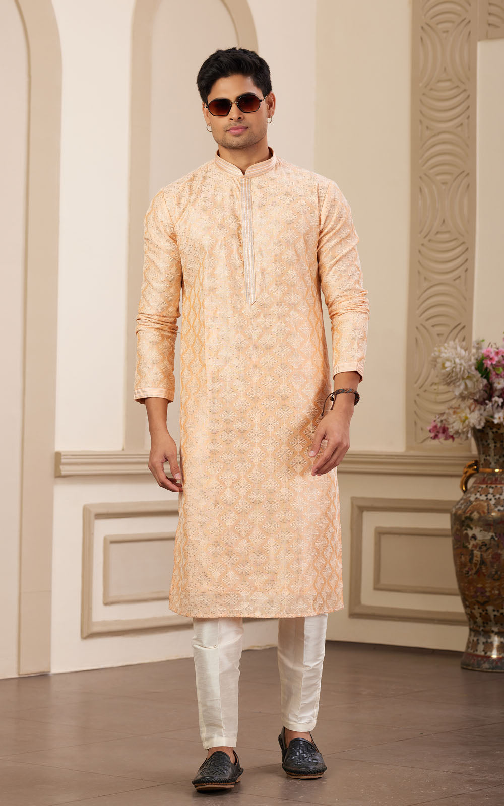 Peach Thread Work Art Silk Kurta - In Style