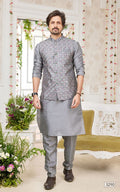 Dark Grey Kurta Pajama With Jacket 3 Pcs Set