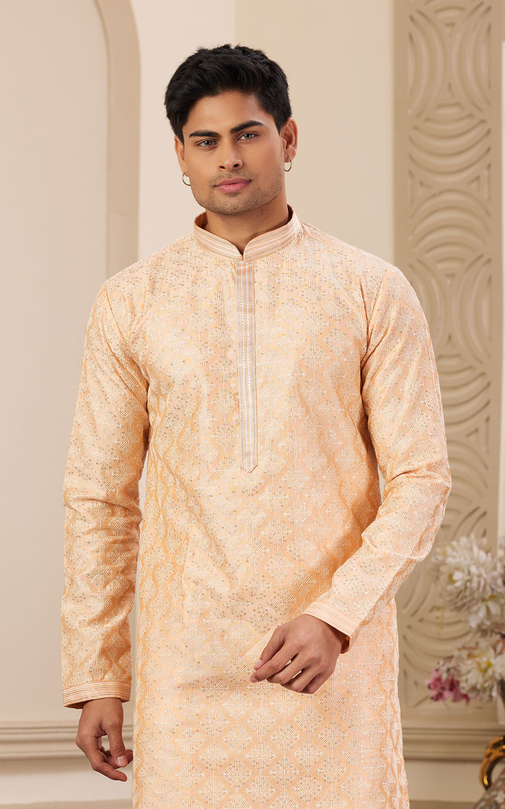 Peach Thread Work Art Silk Kurta