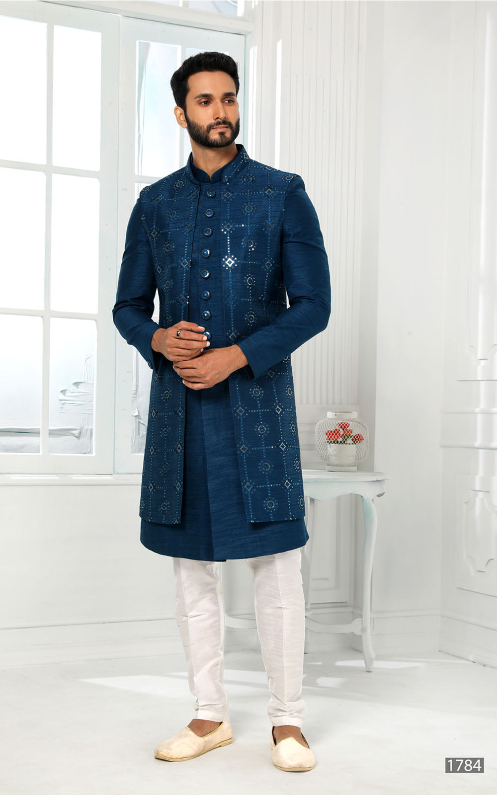 Teal Indo-Western With Jacket 3 Pcs Set