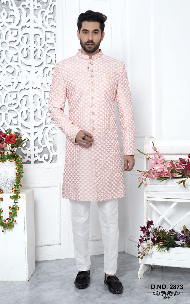 Peach Art Silk Indo-Western For Men