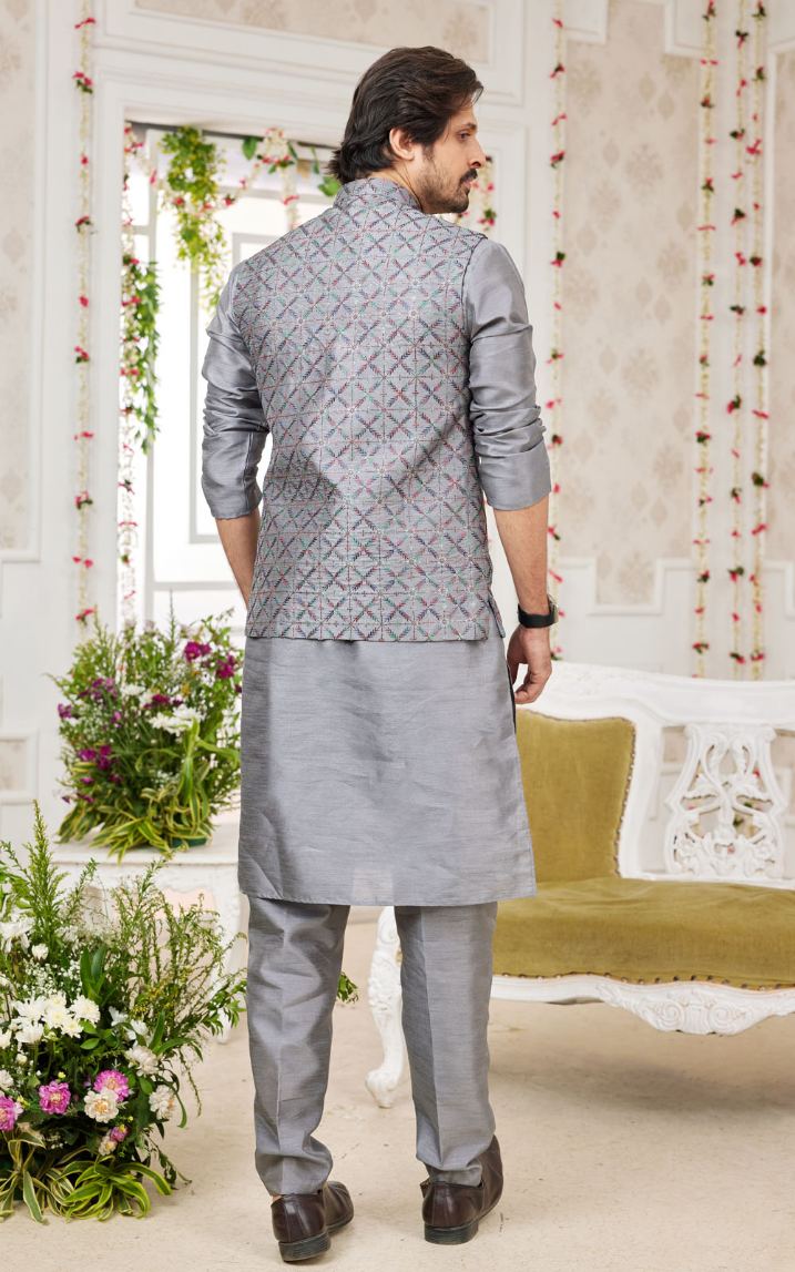 Dark Grey Kurta Pajama With Jacket