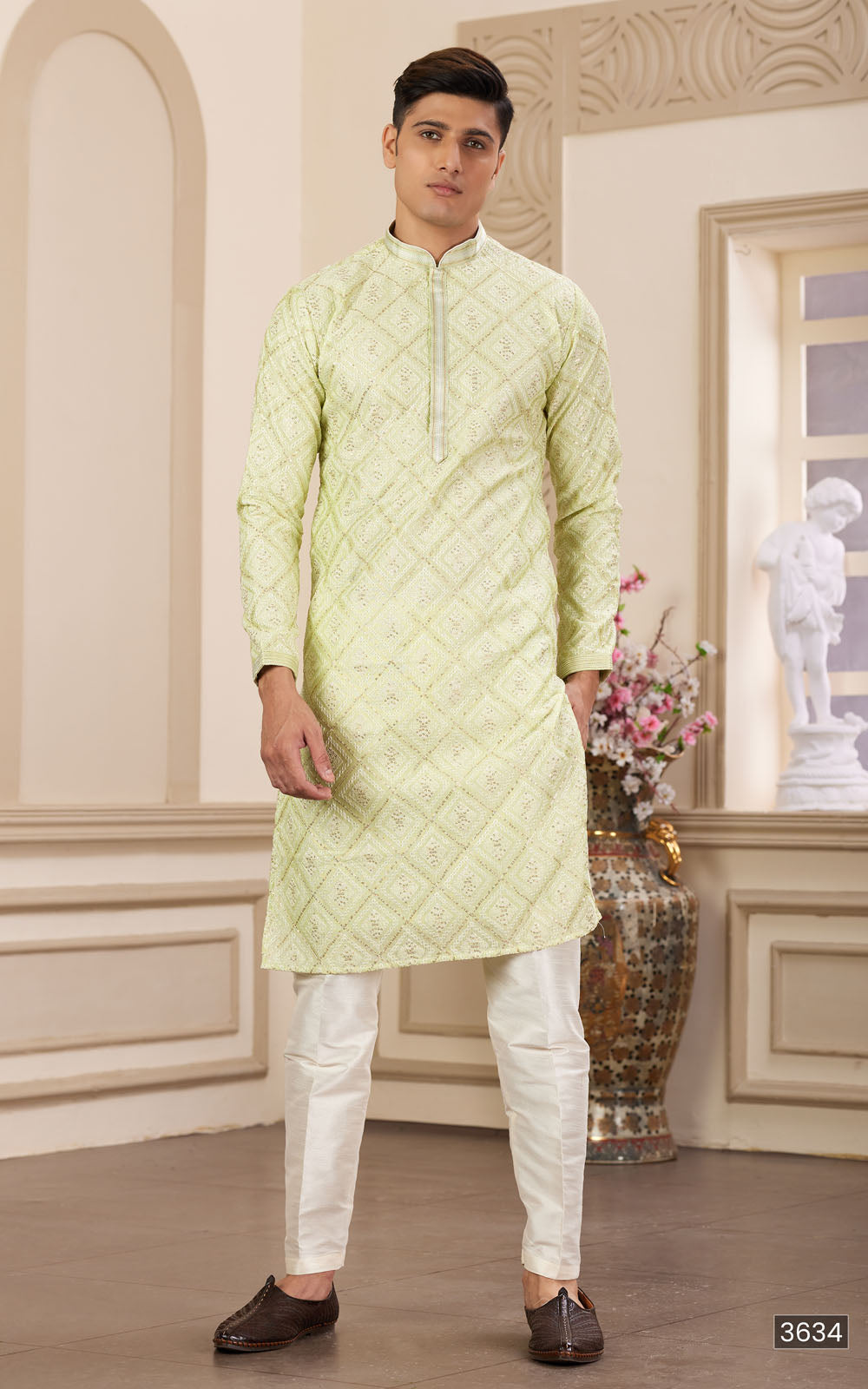 Green Thread Work Art Silk Kurta