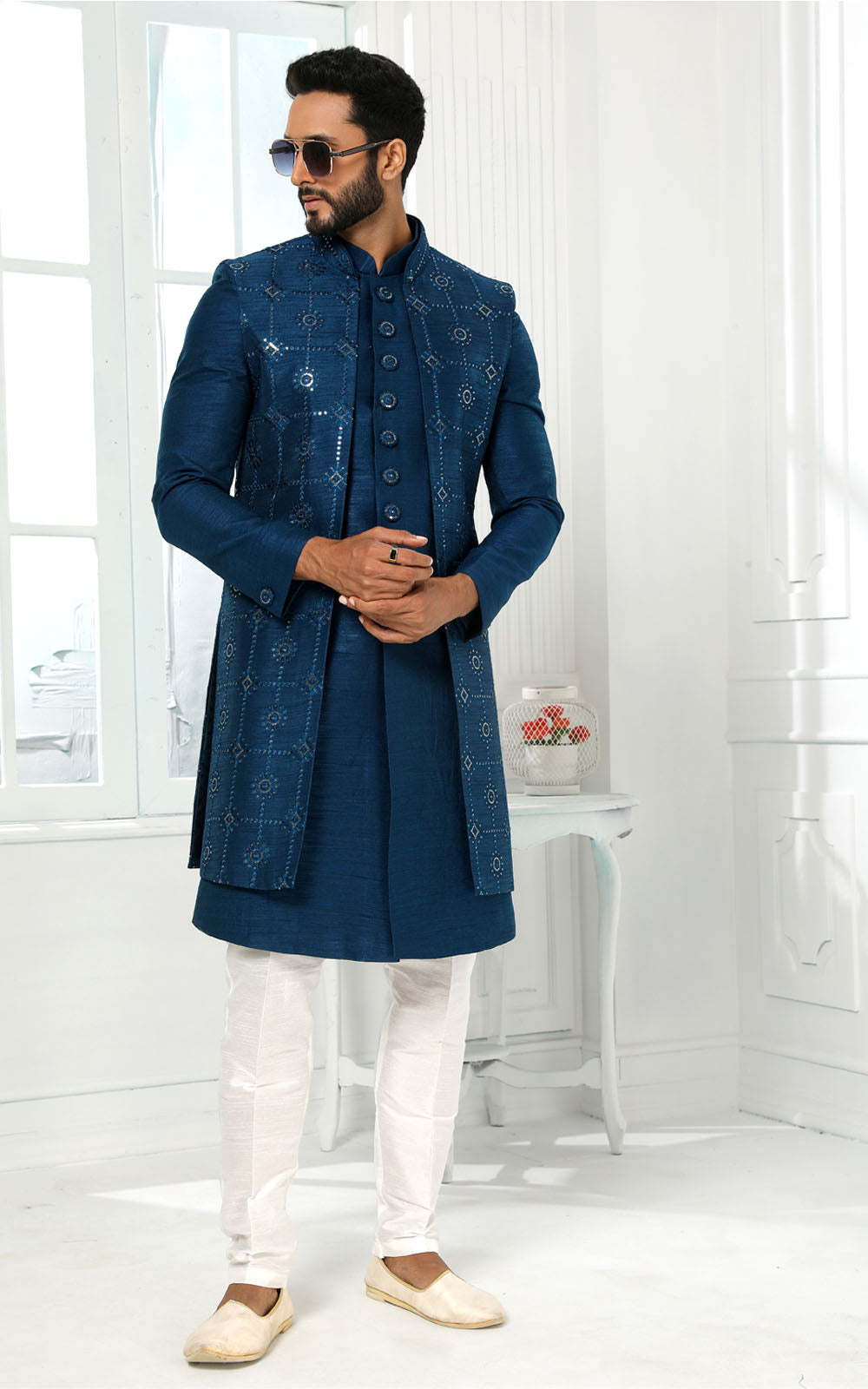 Teal Indo-Western With Jacket 3 Pcs Set