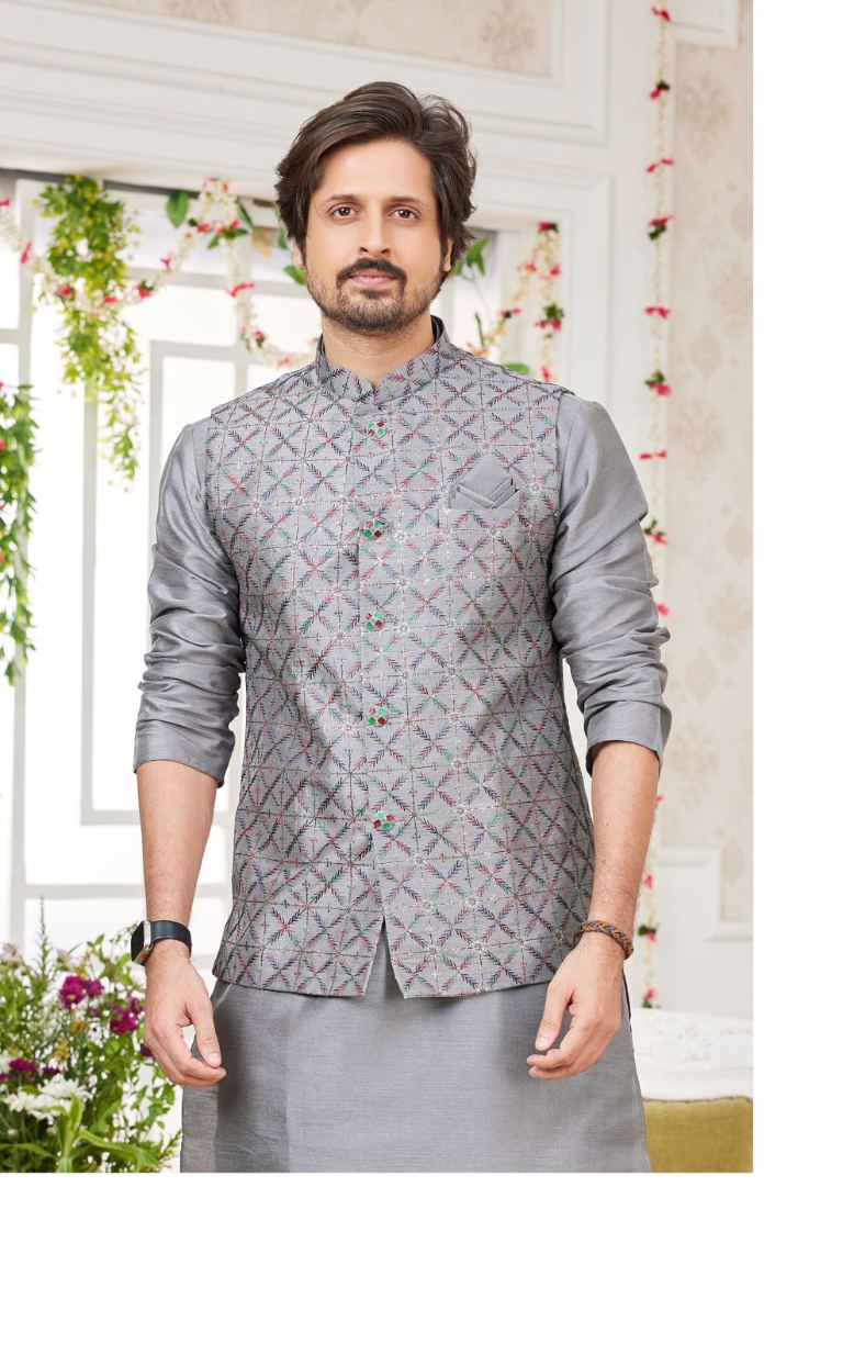 Dark Grey Kurta Pajama With Waistcoat