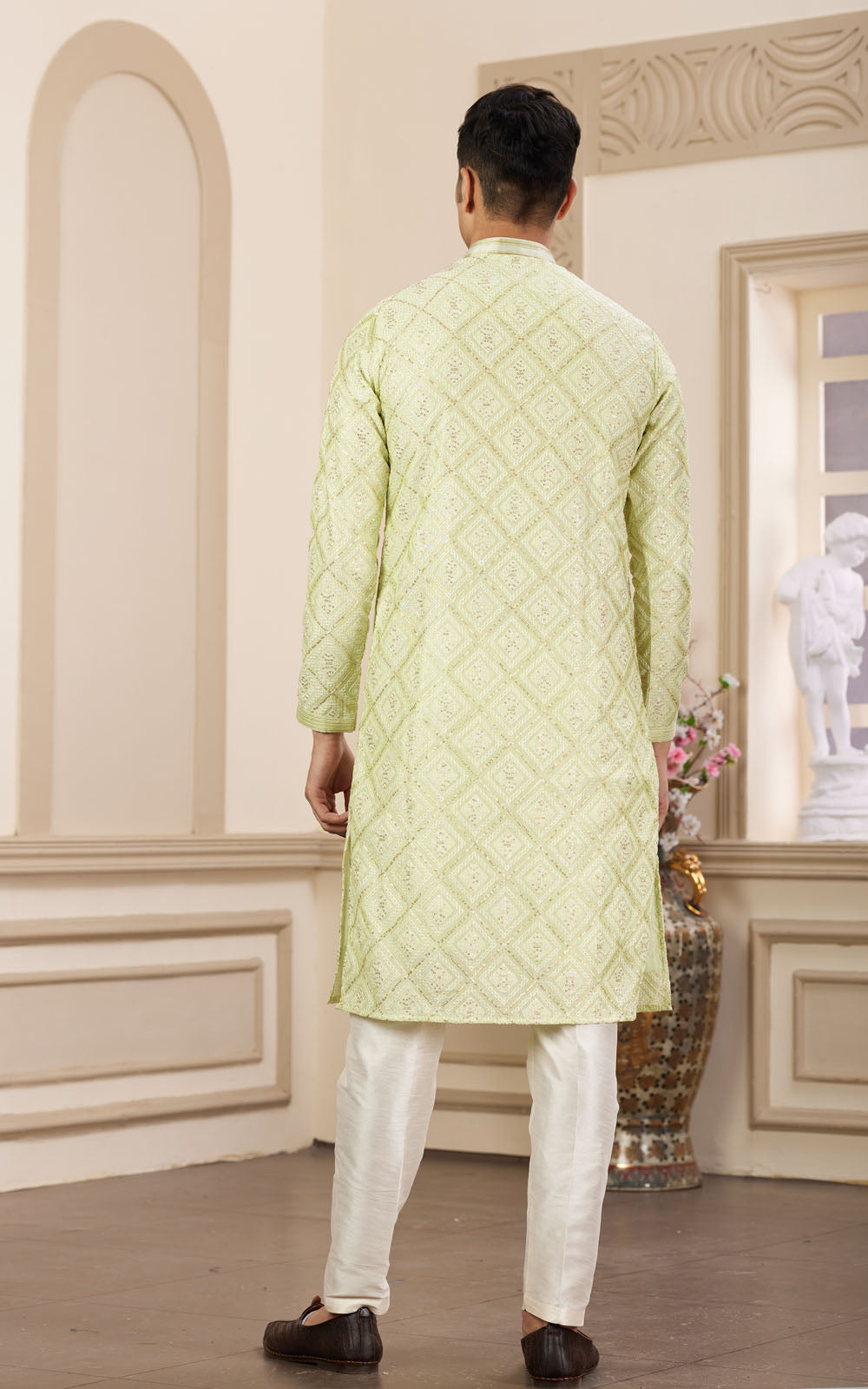Green Thread Work Art Silk Kurta -Back