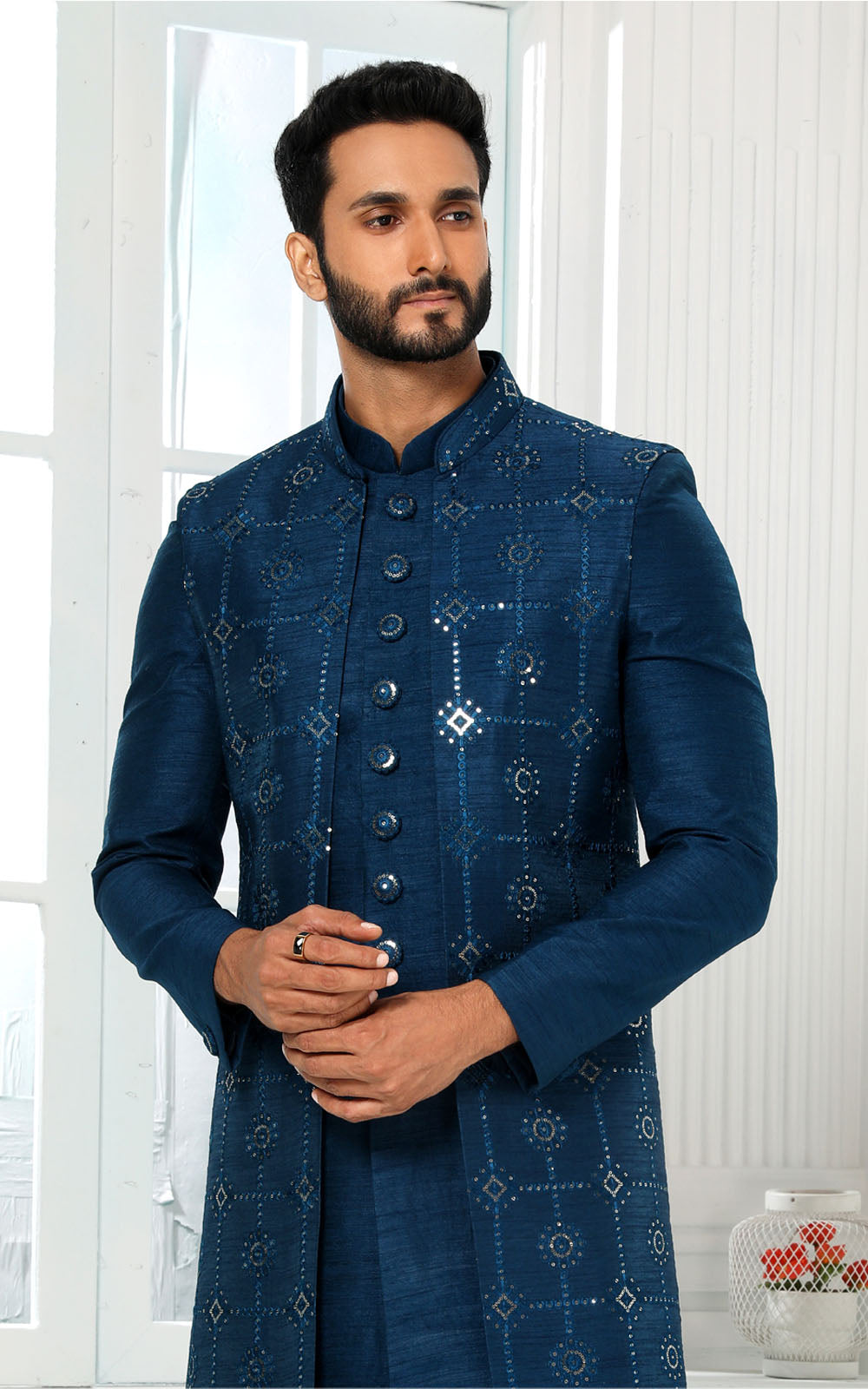 Teal Indo-Western With Jacket 3 Pcs Set