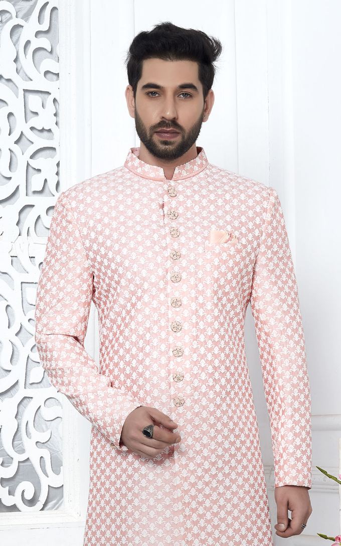 Peach Art Silk Indo-Western For Men
