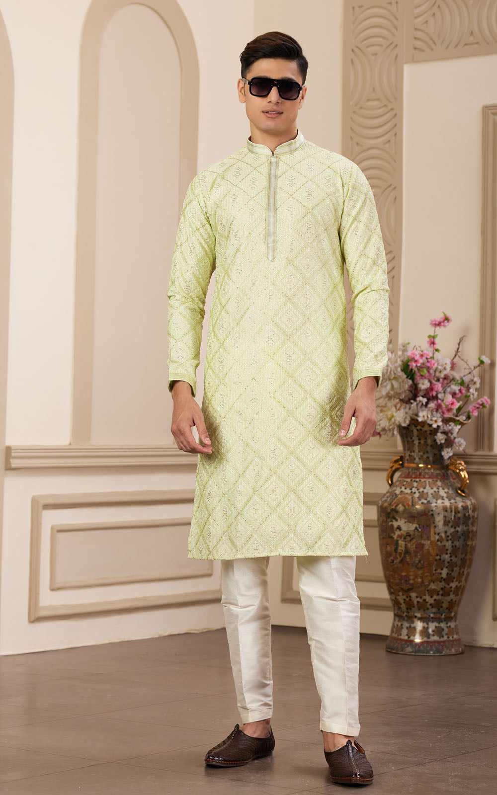 Green Thread Work Art Silk Kurta - Stye