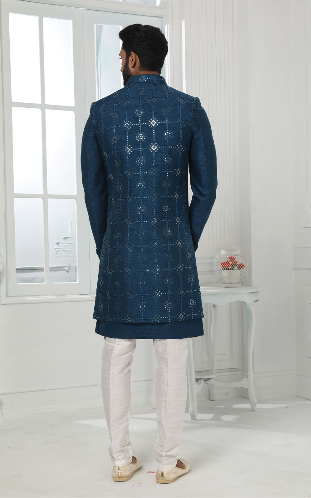 Teal Indo-Western With Jacket 3 Pcs Set