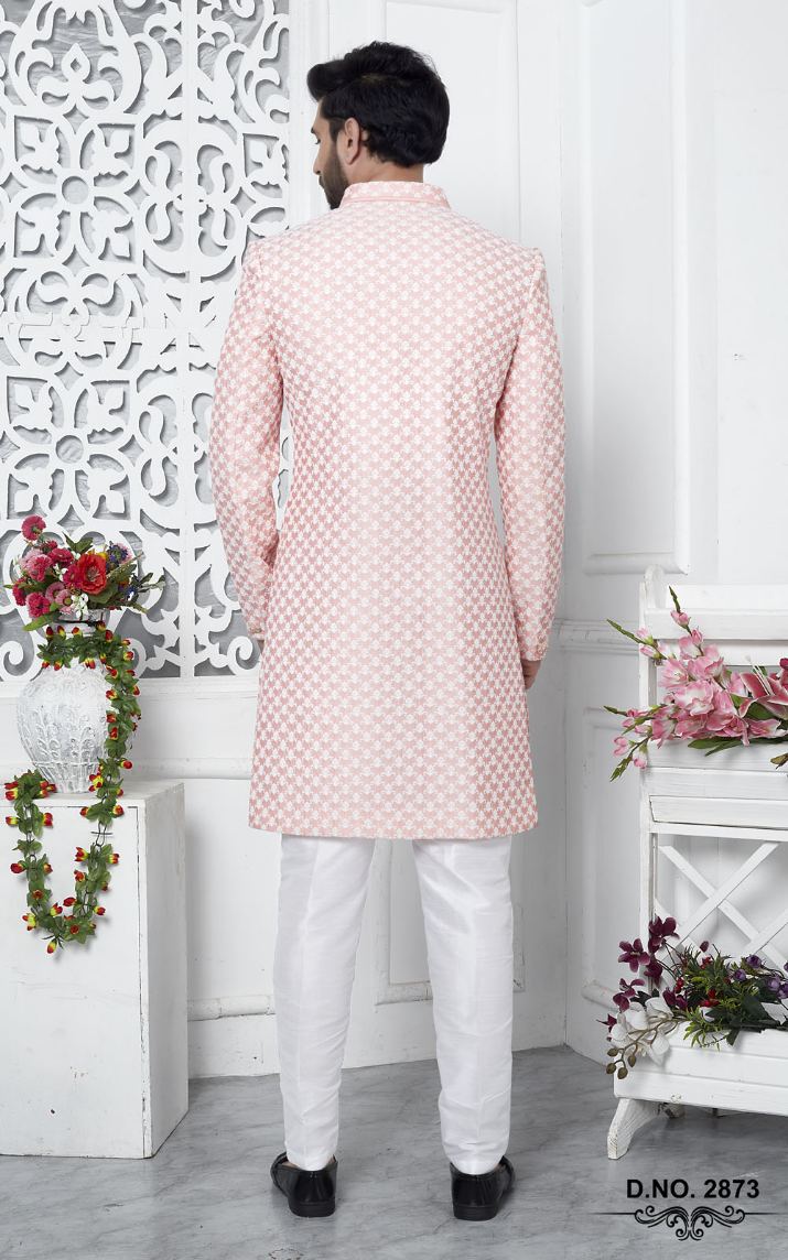 Peach Art Silk Indo-Western For Men