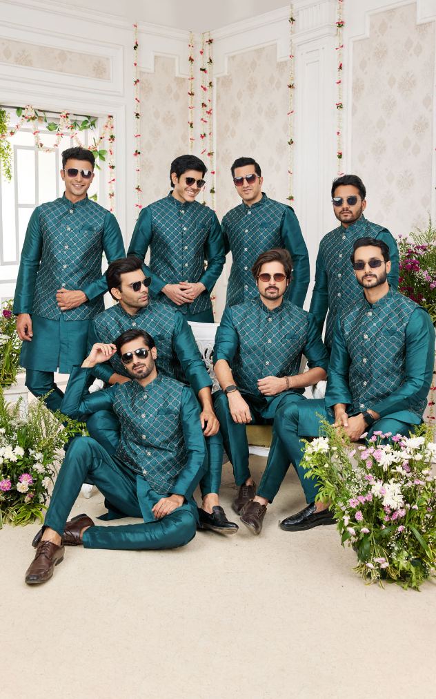 Green Kurta Pajama With Jacket 3 Pcs Set
