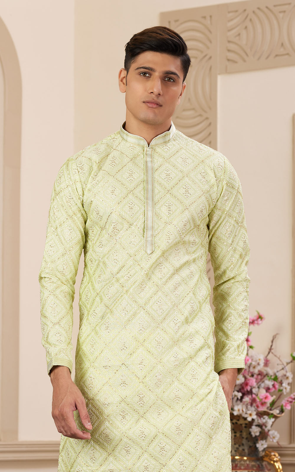 Green Thread Work Art Silk Kurta - Closeup
