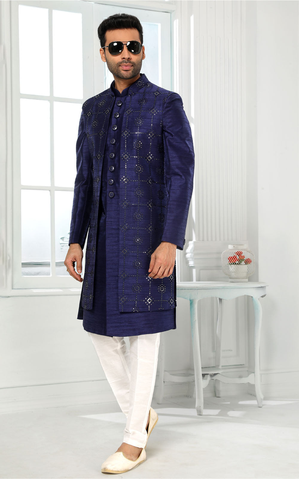 Navy Blue Indo-Western With Jacket 3 Pcs Set