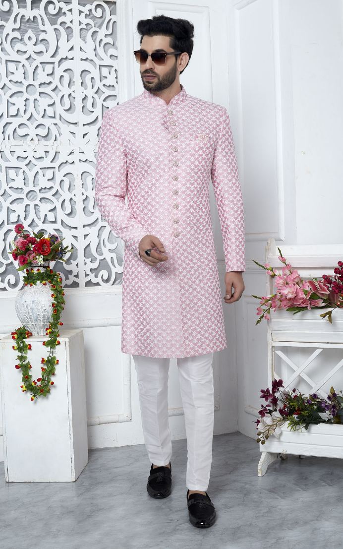 Pink Art Silk Indo-Western For Men
