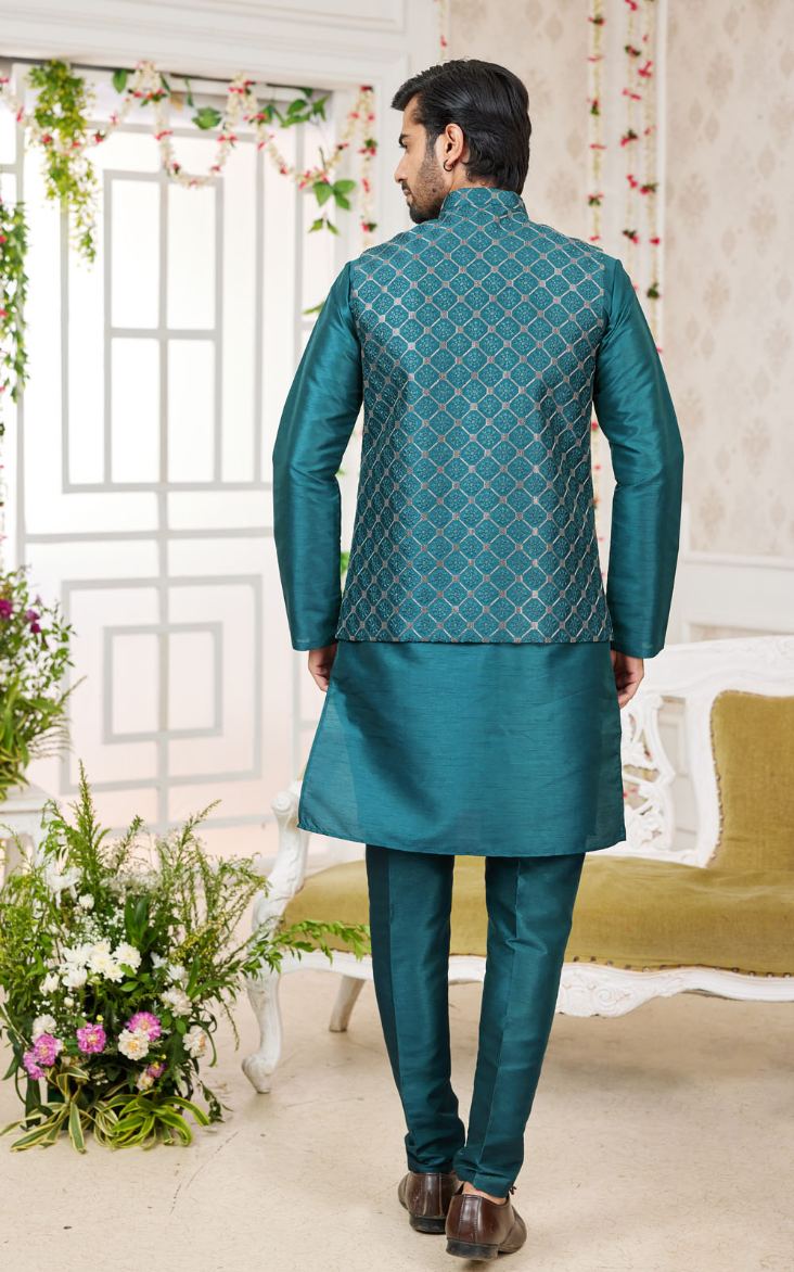 Green Kurta Pajama With Jacket 3 Pcs Set
