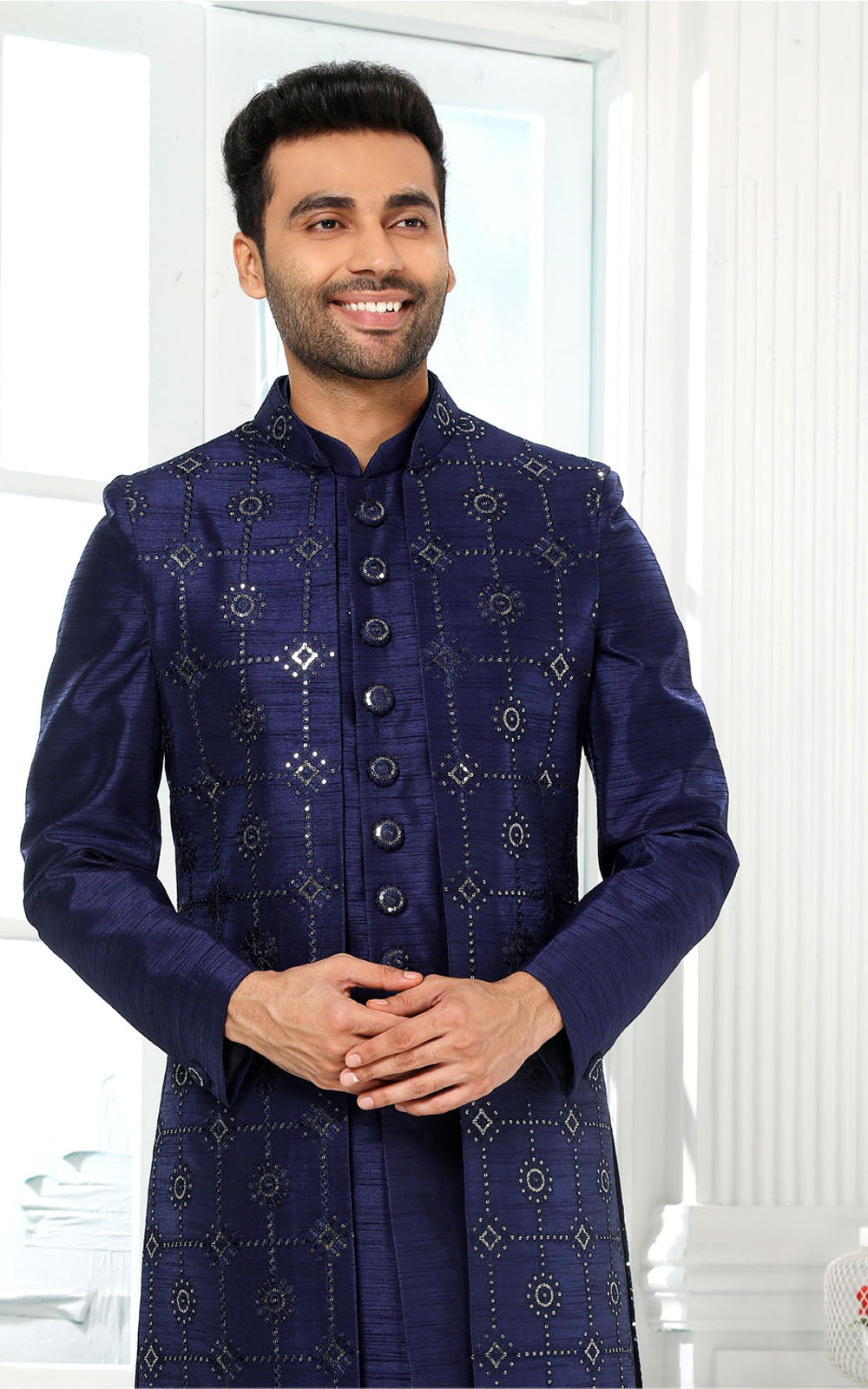 Navy Blue Indo-Western With Jacket 3 Pcs Set