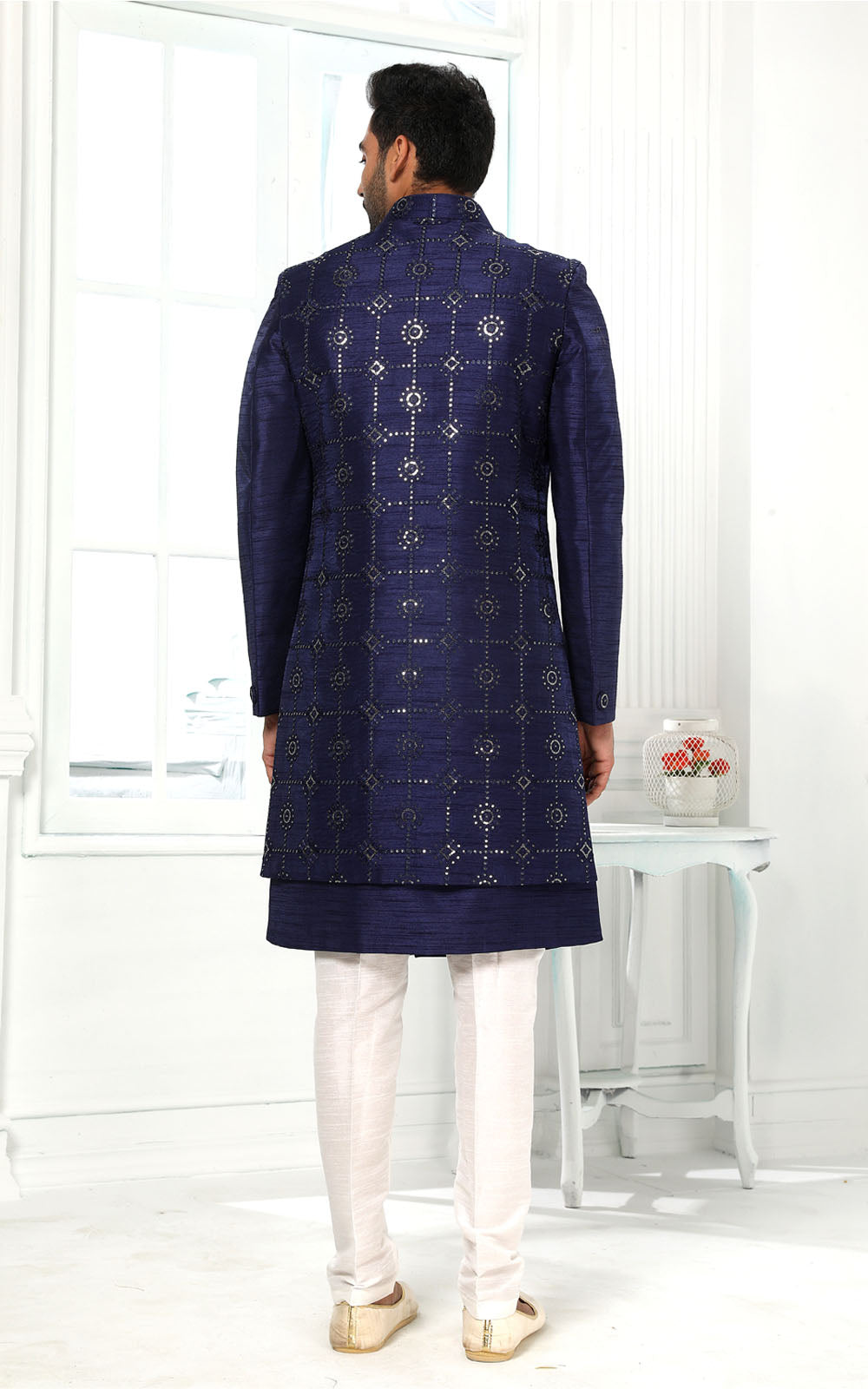 Navy Blue Indo-Western With Jacket 3 Pcs Set