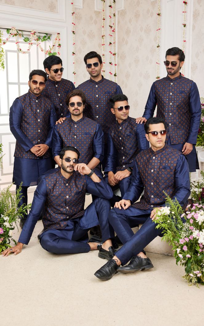 Blue Kurta Pajama With Jacket 3 Pcs Set