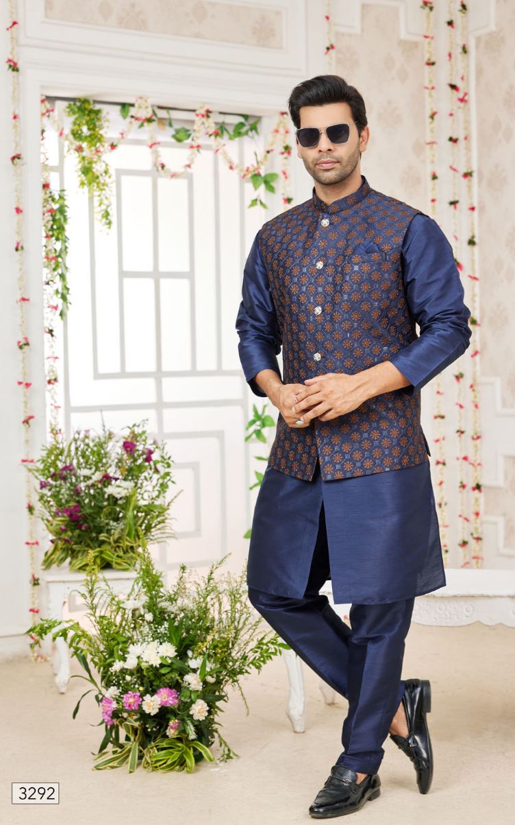 Blue Kurta Pajama With Jacket 3 Pcs Set