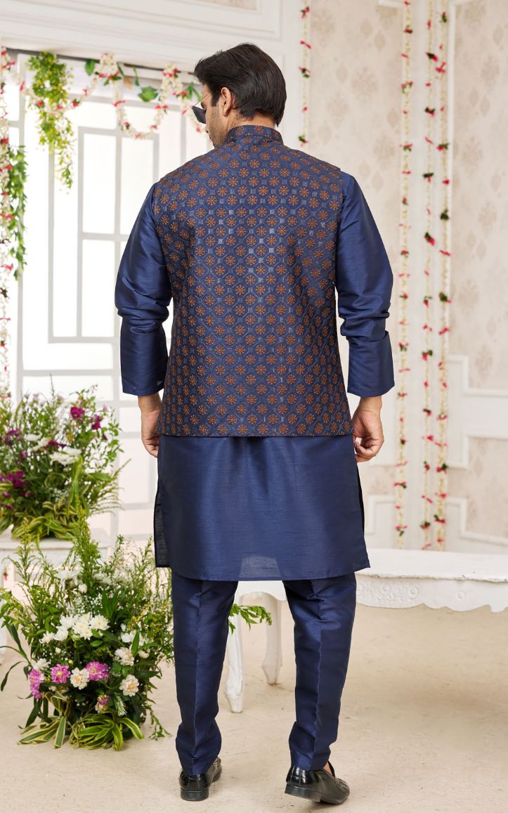 Blue Kurta Pajama With Jacket 3 Pcs Set