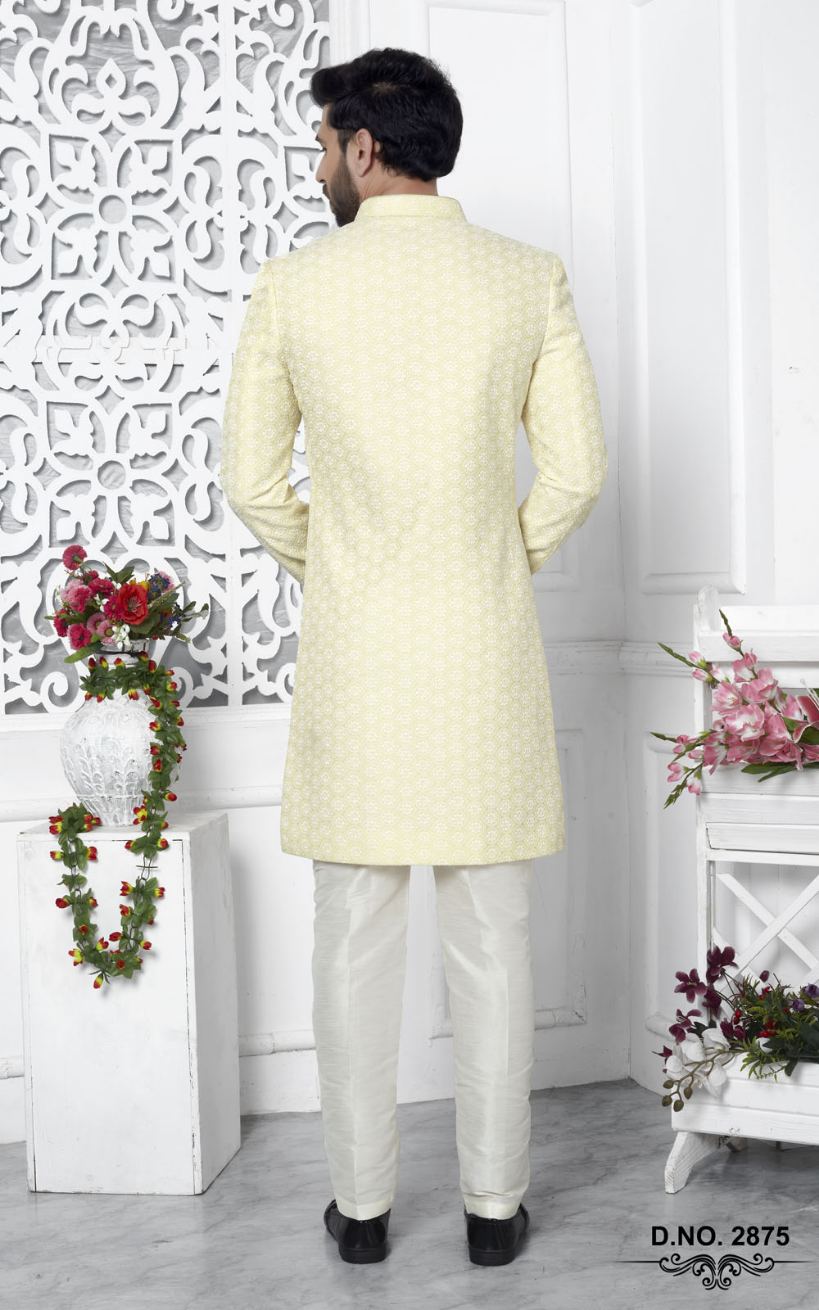 Yellow Art Silk Indo-Western For Men